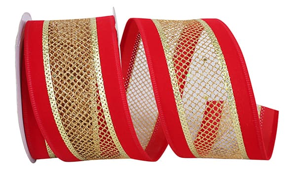 2.5inx10yd Velvet Mesh Middle RED/GOLD