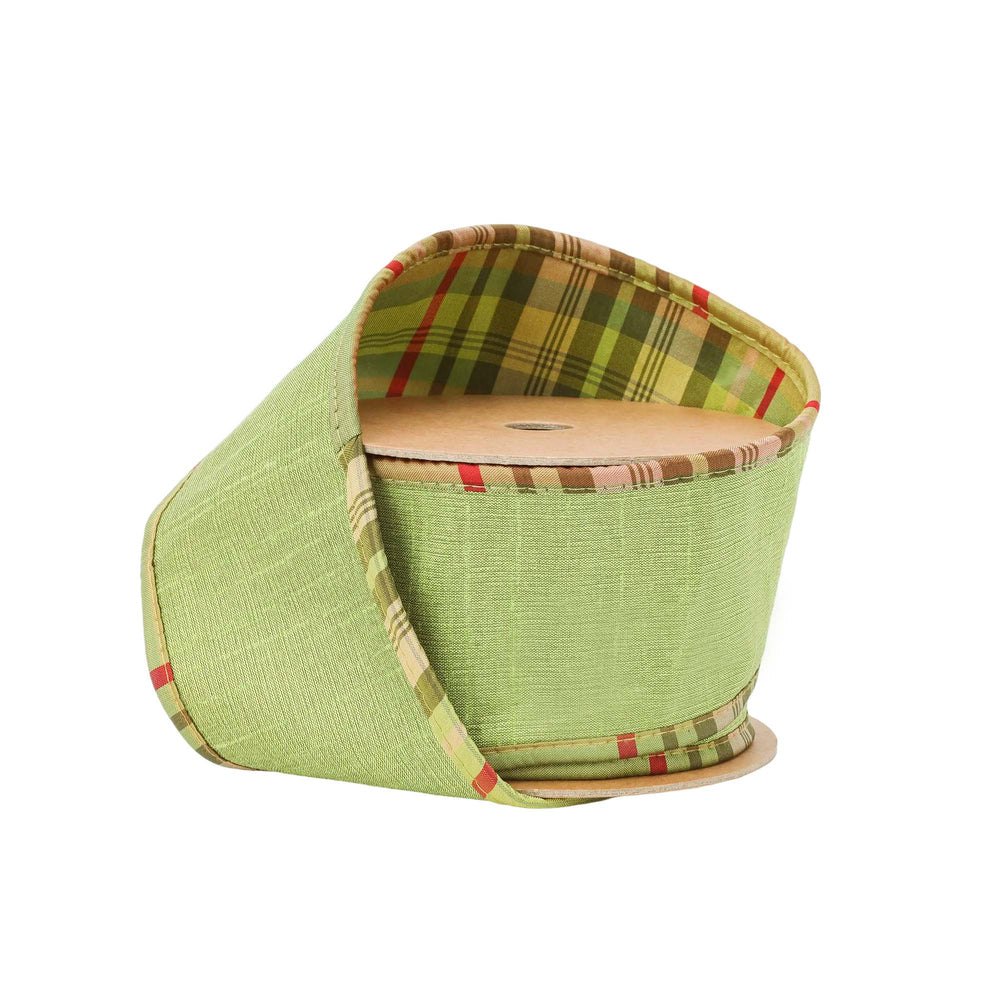 2.5inx10yd REVERSIBLE Dupioni MOSS w/MOSS PLAID Back