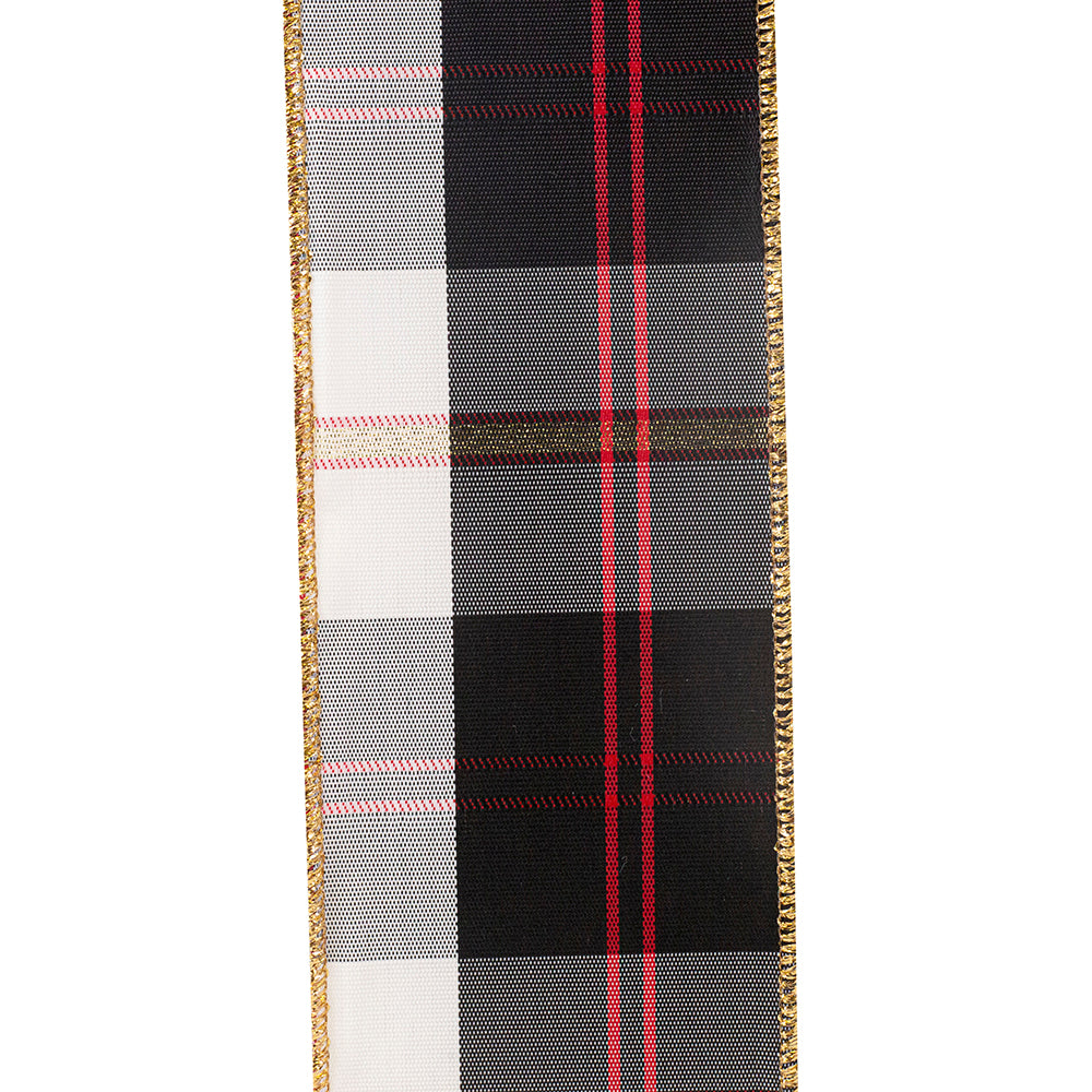 2.5" Oscar Plaid Wired Edge Ribbon Black White Red Gold | 10 Yard Designer Ribbon Reliant Ribbon