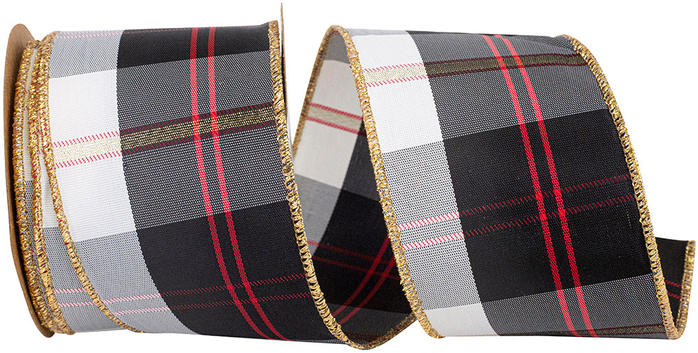 2.5 inch Oscar plaid wired edge ribbon in black, white, red, and gold with metallic gold edges for wreath making, Christmas bows, floral arrangements, tree decorating, and luxury holiday décor.