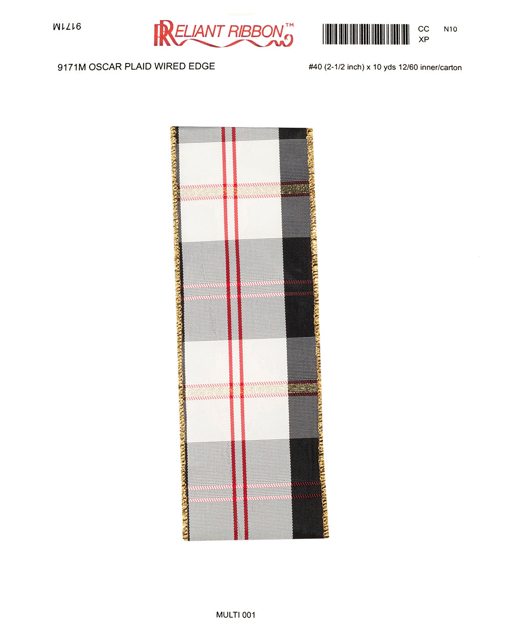 2.5" Oscar Plaid Wired Edge Ribbon Black White Red Gold | 10 Yard Designer Ribbon Reliant Ribbon