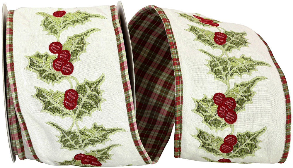 4 inch embroidered holly designer ribbon with red berries, green holly leaves, ivory background, plaid backing, and wired edges for Christmas wreaths, bows, tree decorating, floral arrangements, and holiday décor.