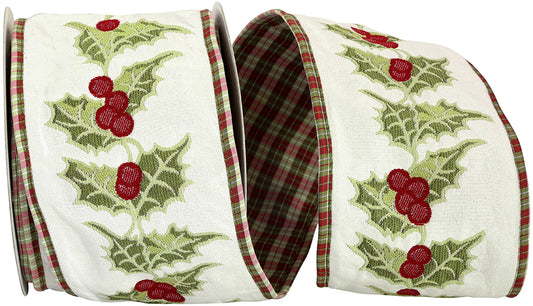4 inch embroidered holly designer ribbon with red berries, green holly leaves, ivory background, plaid backing, and wired edges for Christmas wreaths, bows, tree decorating, floral arrangements, and holiday décor.