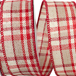 Taupe Twill Holiday Plaid Wired Ribbon – Natural & Red – 1.5" x 10 Yards | Classic Christmas Ribbon for Wreaths, Bows & Holiday Décor