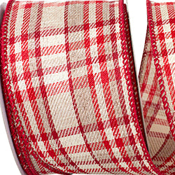 Taupe Twill Holiday Plaid Wired Ribbon – Natural & Red – 2.5" x 10 Yards | Classic Christmas Ribbon for Wreaths, Bows & Holiday Décor