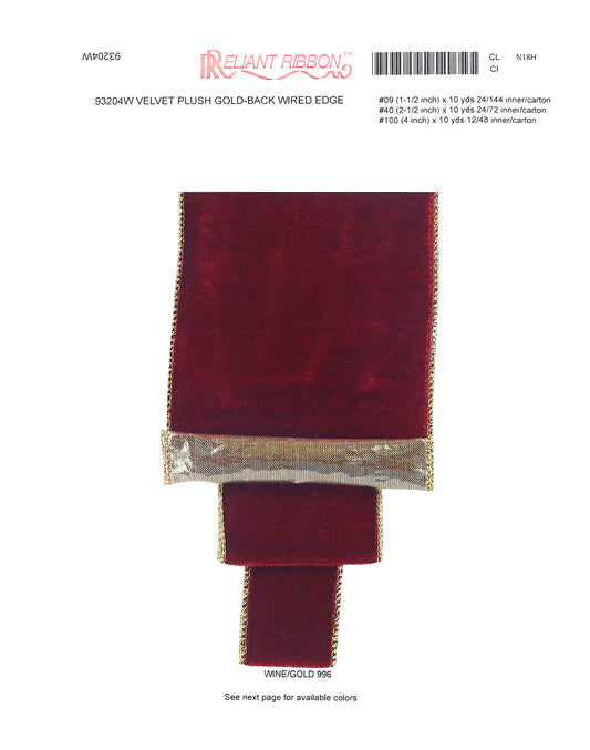1.5inx10yd WINE/GOLD Velvet Plush Gold-Back