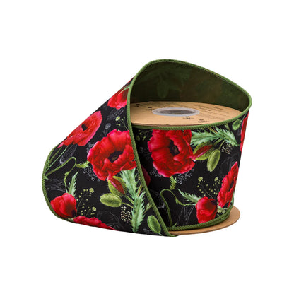 4inx10yd Poppies on Black Dupioni w/Green Back