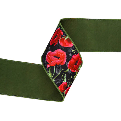 4inx10yd Poppies on Black Dupioni w/Green Back