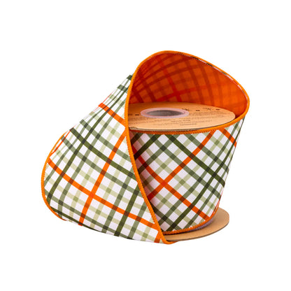 4inx10yd Bias Plaid Dupioni w/Orange Back Ribbon