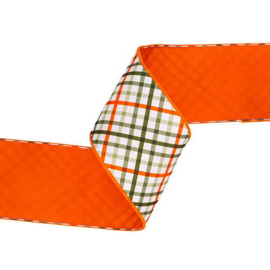 4inx10yd Bias Plaid Dupioni w/Orange Back Ribbon