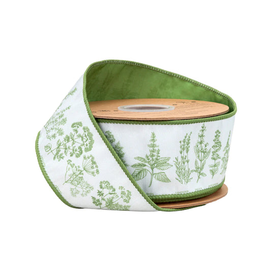 2.5inx10yd Herb Sprigs on White Dupioni Ribbon
