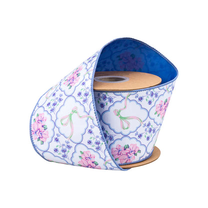 4inx10yd Bows & Floral Diamonds Dupioni w/Blue Back