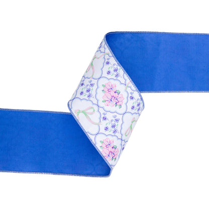 4inx10yd Bows & Floral Diamonds Dupioni w/Blue Back