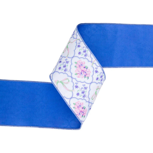 4inx10yd Bows & Floral Diamonds Dupioni w/Blue Back