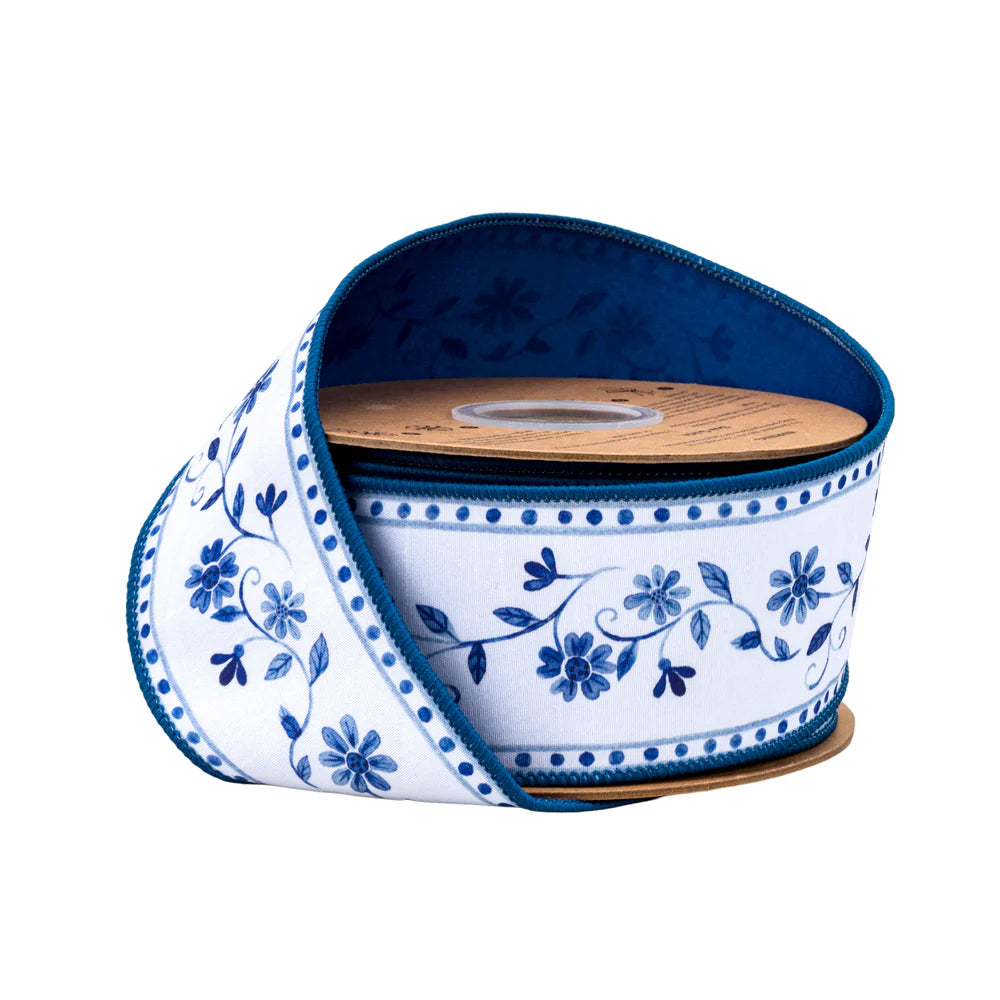 2.5inx10yd Blue Floral Vine on Dupion Ribbon