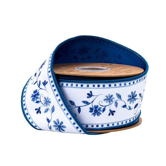 2.5inx10yd Blue Floral Vine on Dupion Ribbon