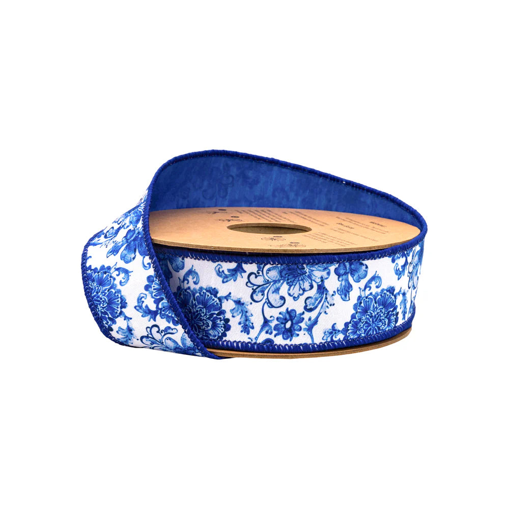 1.5inx10yd Blue / White Dupion Floral Ribbon