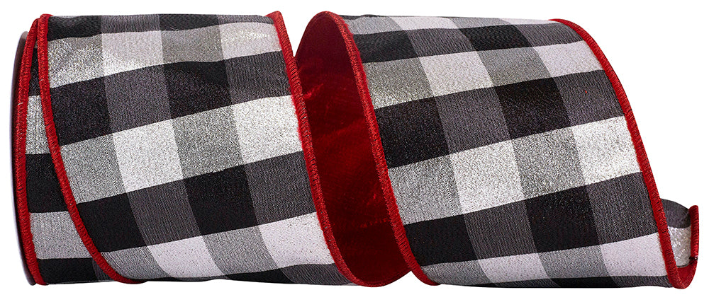 4" Black & White Check Shimmer Metallic Deluxe Red Back Wired Ribbon | 10 Yard Christmas Ribbon Reliant Ribbon