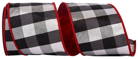 4" Black & White Check Shimmer Metallic Deluxe Red Back Wired Ribbon | 10 Yard Christmas Ribbon Reliant Ribbon