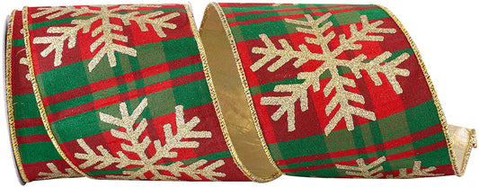 4 inch luxury dupioni Christmas ribbon featuring a red and green plaid pattern with gold glitter snowflakes, metallic gold backing, and gold wired edges on a 5-yard roll for wreaths, bows, and holiday decorating.