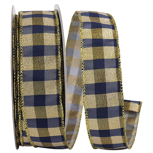 1.5inx20YARDS Check Metallic Bar ribbon NAVY/GOLD