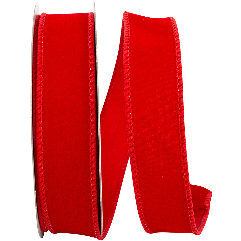 1 inch red velvet fuzz petite wired edge ribbon for wreath making, designer bows, Christmas decorating, floral arrangements, gift wrapping, and holiday crafts.