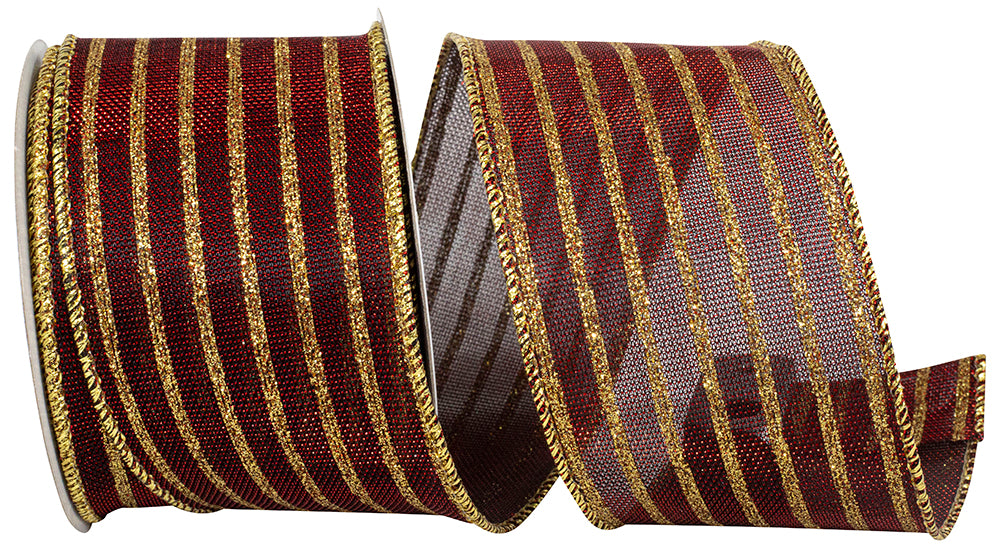 2.5 inch burgundy metallic ribbon with glittering gold chainlink stripes and wired gold edges for wreath making, Christmas bows, floral arrangements, tree decorating, and luxury holiday décor.