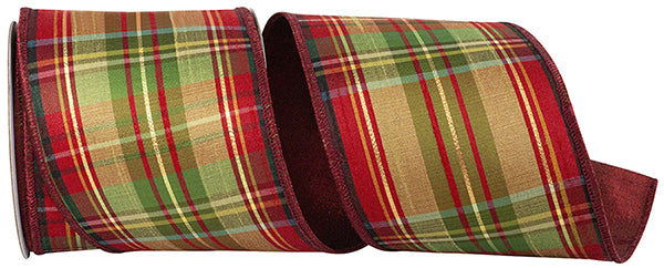 4 inch cranberry metallic plaid deluxe Christmas ribbon with emerald green and gold accents, metallic cranberry backing, and wired edges on a 5-yard roll for wreaths, bows, garlands, and holiday decorating.