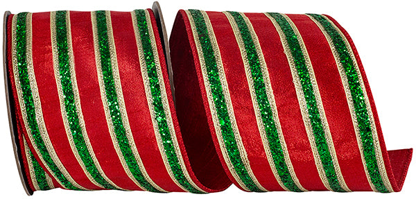 4-inch x 5-yard Christmas ribbon with a rich red background, emerald-green glitter stripes, narrow metallic-gold accents, and coordinating red finished edges.