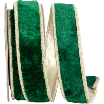 Reliant Ribbon 1" x 10 Yards Plush Holiday Green Velvet Ribbon with Deluxe Dupioni Metallic Backing & Wired Edge Reliant Ribbon