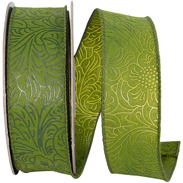 1.5inx10yd Leaf Scroll Embossed MOSS