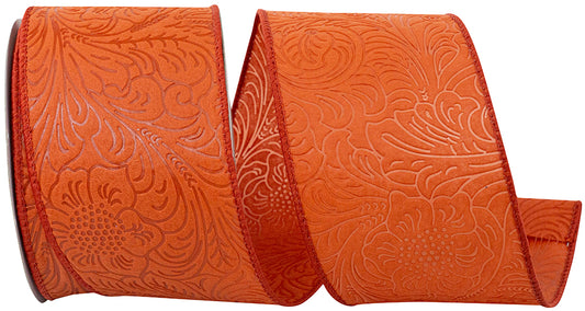 2.5inx10yd Leaf Scroll Embossed Rust Ribbon