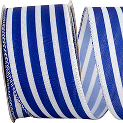 Royal Blue & White Striped Linen Wired Ribbon – 2.5" x 10 Yards | Nautical & Patriotic Ribbon for Wreaths, Bows & Home Décor