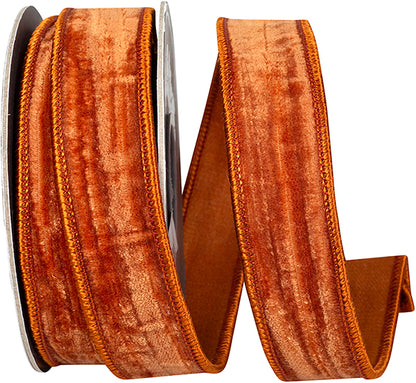Reliant Ribbon 1 inch by 10 yards designer fall crushed velvet touch wired ribbon in warm coppery rust orange with coordinating decorative wired edges, displayed on a spool.