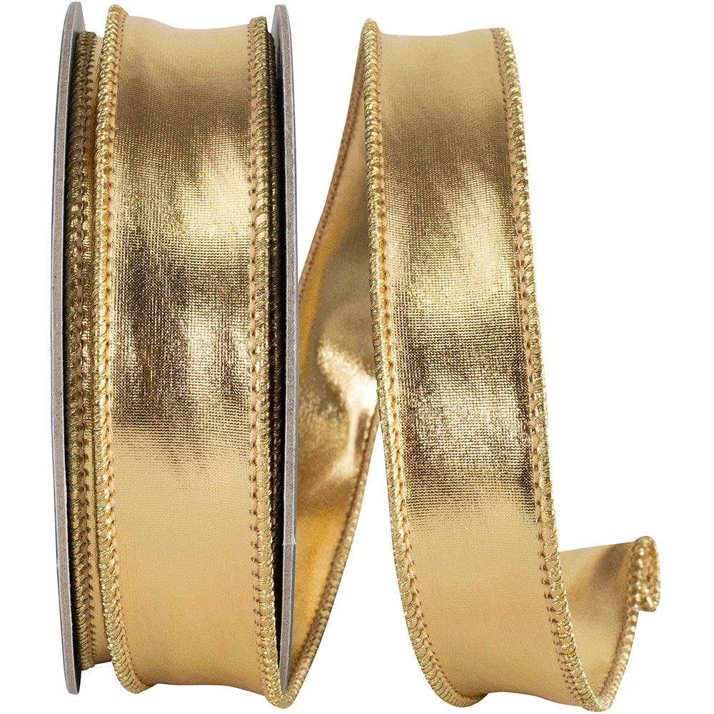 Reliant Ribbon 1 inch by 10 yards Christmas Mirror Fantasy metallic gold deluxe two-sided wired edge ribbon with reflective gold finish and decorative metallic gold trim.
