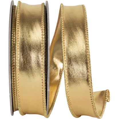 Reliant Ribbon 1 inch by 10 yards Christmas Mirror Fantasy metallic gold deluxe two-sided wired edge ribbon with reflective gold finish and decorative metallic gold trim.