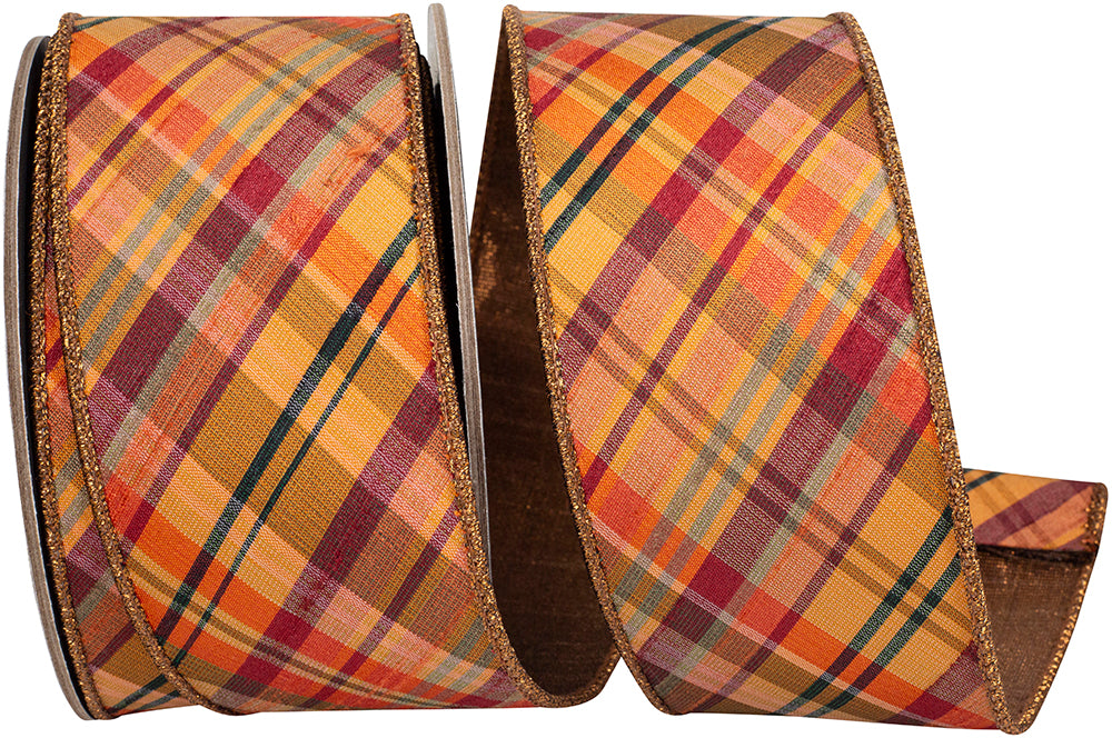 2.5 inch x 10 yard designer fall and Christmas plaid ribbon featuring orange, rust, burgundy, golden yellow, and green with metallic copper-gold edges. Perfect for autumn wreaths, Christmas bows, holiday floral arrangements, and seasonal decorating.