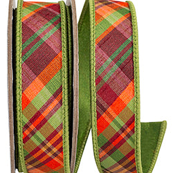Tierra Sage Diagonal Plaid Dupioni Wired Ribbon – 1" x 5 Yards | Premium Fall Ribbon for Wreaths, Bows & Seasonal Décor