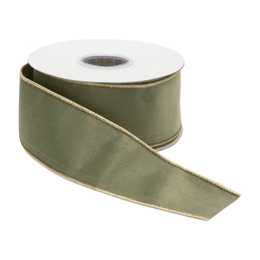 A roll of 2.5-inch wide sage green velvet ribbon with gold wired edges is partially unrolled against a white background. The ribbon has a soft, plush texture with a subtle sheen, showcasing its elegant finish for wreaths, floral arrangements, bows, gift wrapping, and seasonal décor.