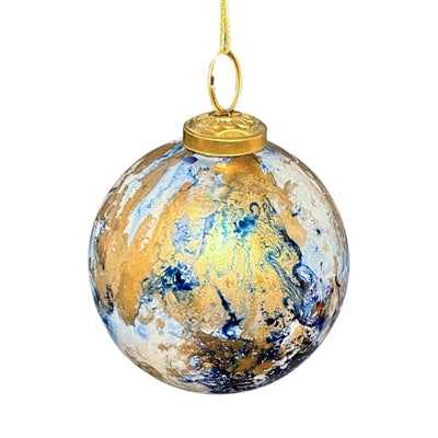 4in BLUE/GOLD Watercolor Glass Ball Ornament