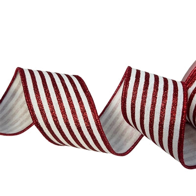 2.5in White Faux Linen WHITE w/RED Glitter Stripes