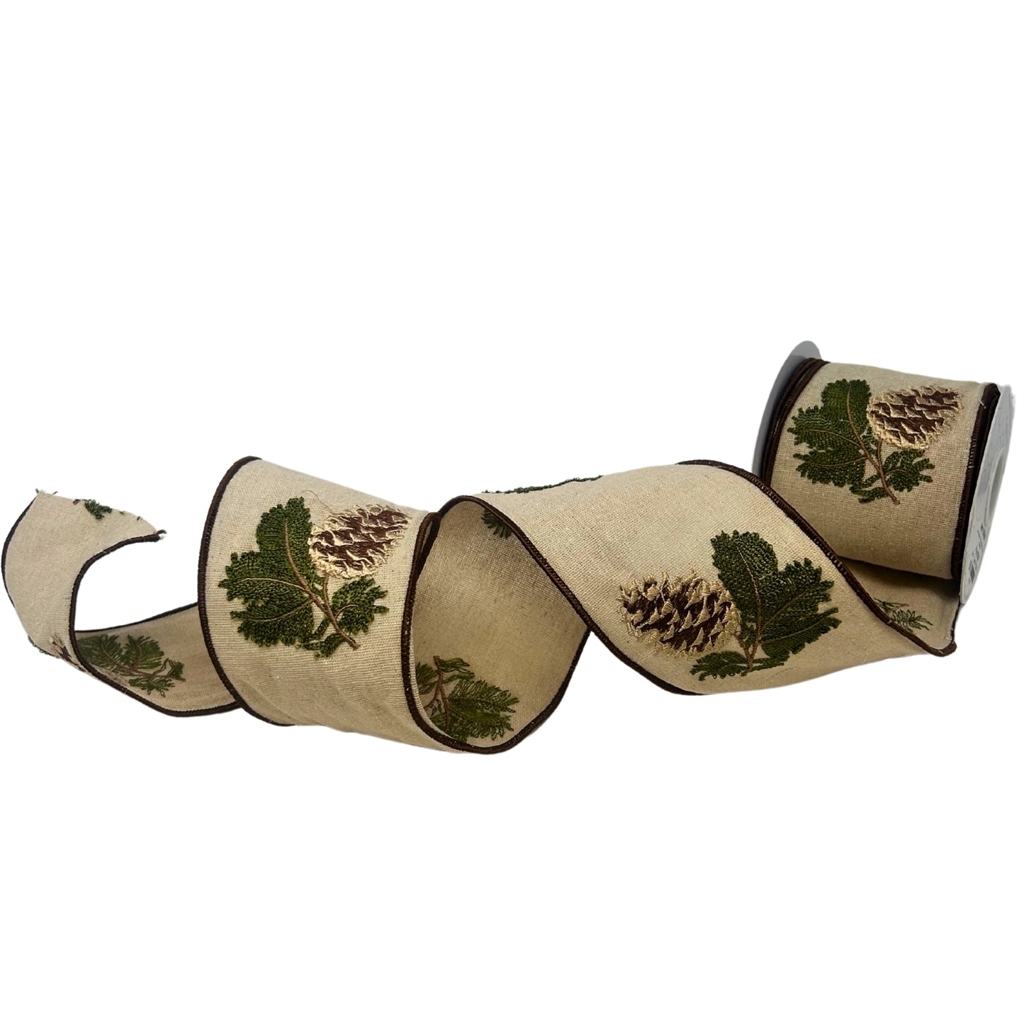 4inx10yd Pinecone Embroidery on Natural w/Brown Edge