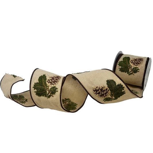 4inx10yd Pinecone Embroidery on Natural w/Brown Edge