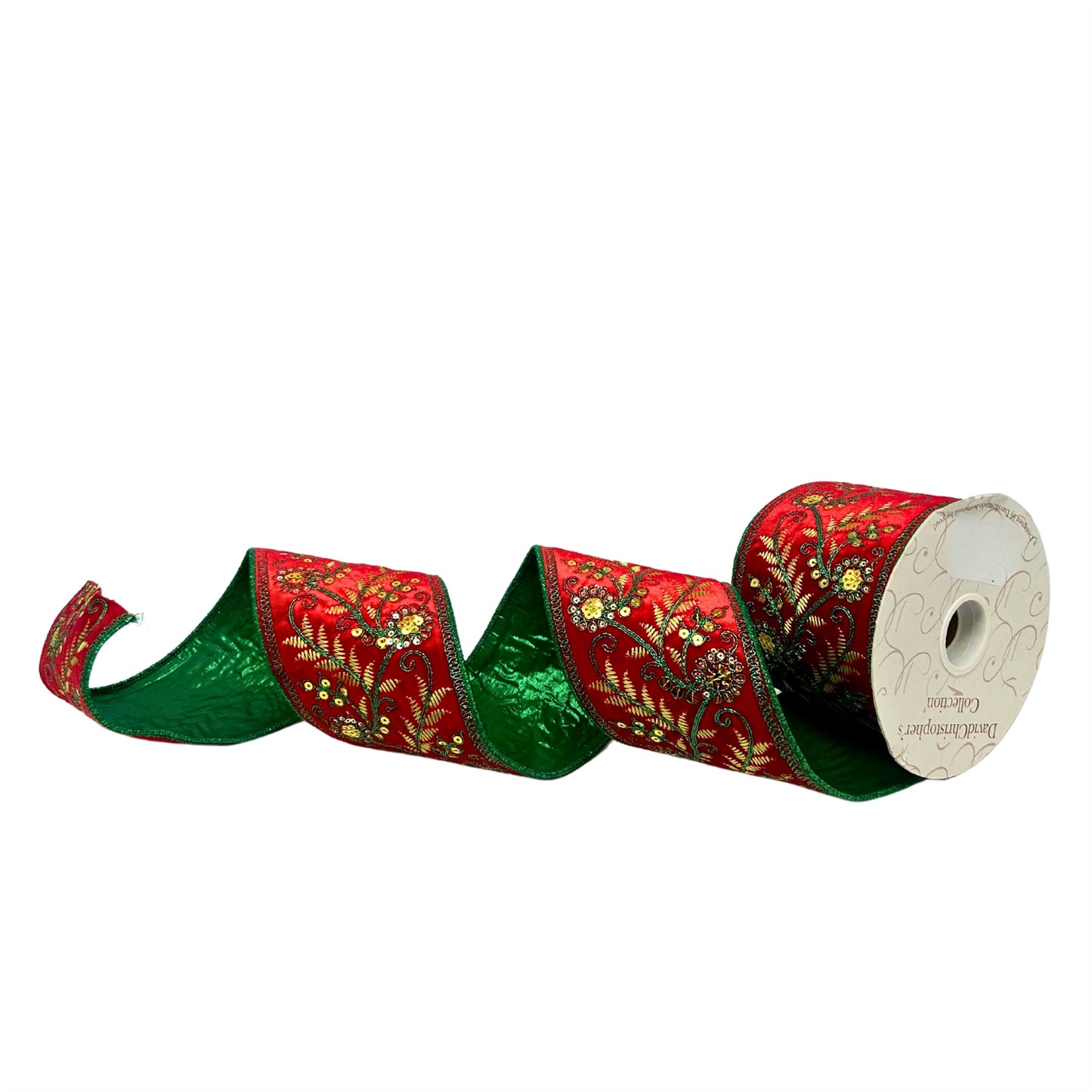 4inx10yd GREEN Embroidery on Red Velvet - Green Dupion Back