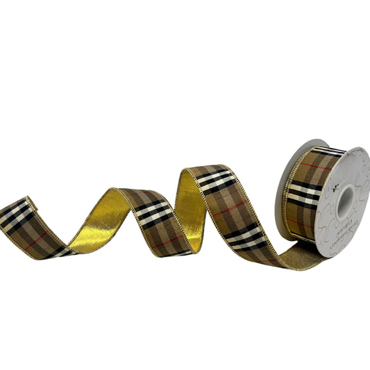 1.5 inch x 10 yards Burberry Check w/Gold Lame Back Christmas Ribbon