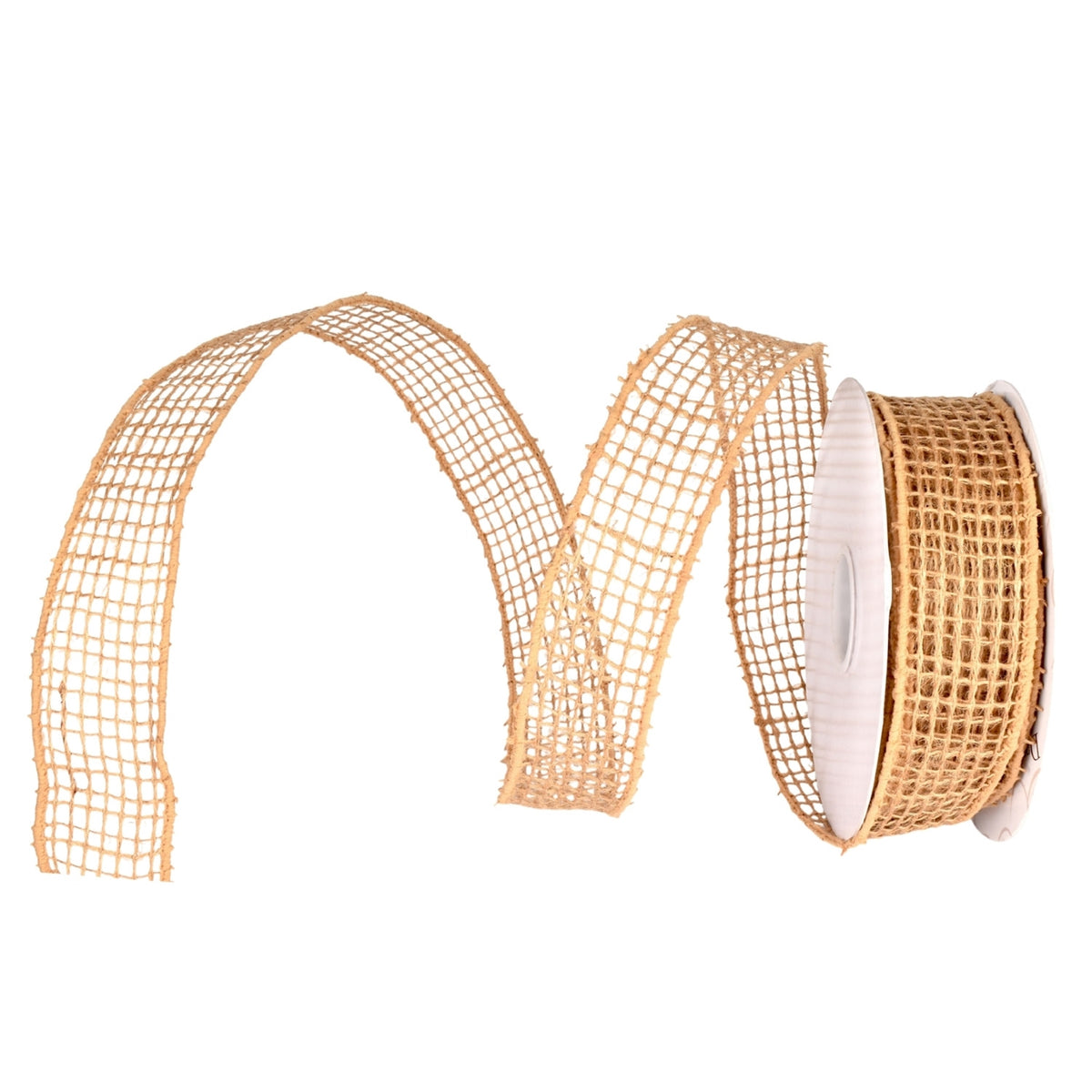 David Christopher 1.5-inch natural open weave jute wired ribbon with rustic grid mesh texture, 10-yard spool.