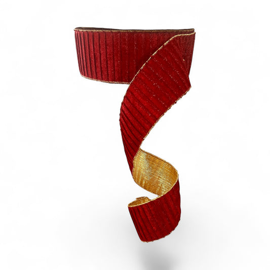 20YARDS X 2.5in Velvet Burgundy and Gold Pleated Christmas Ribbon