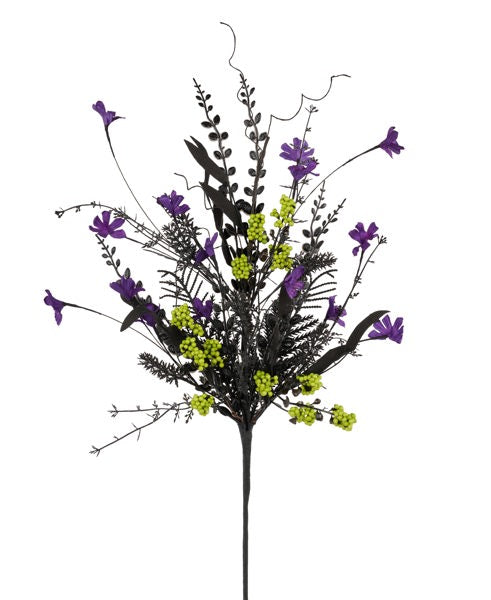 24in Fabric Flower/Leaf/Bead Spray HALLOWEEN LIME/PURP