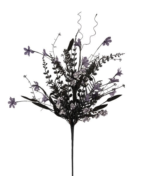24in Fabric Flower/Leaf/Bead Spray HALLOWEEN BLK/GRY/WHT
