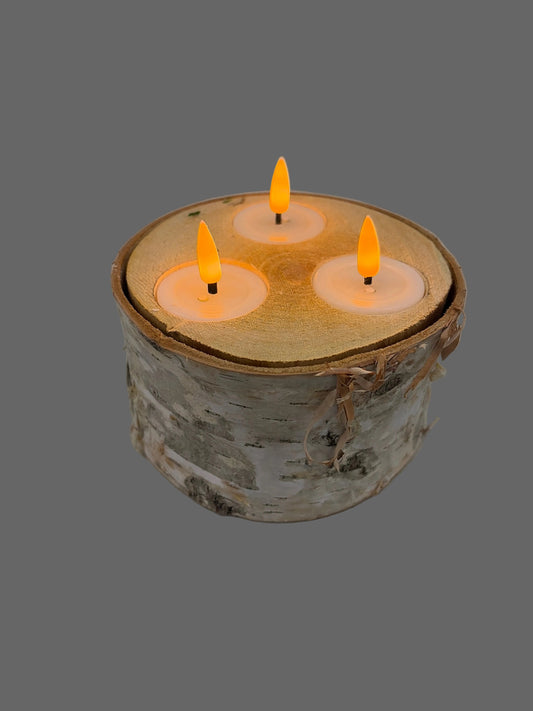 3in THREE LIGHT Birch Candle Holder w/Blow Lights Winter Woods